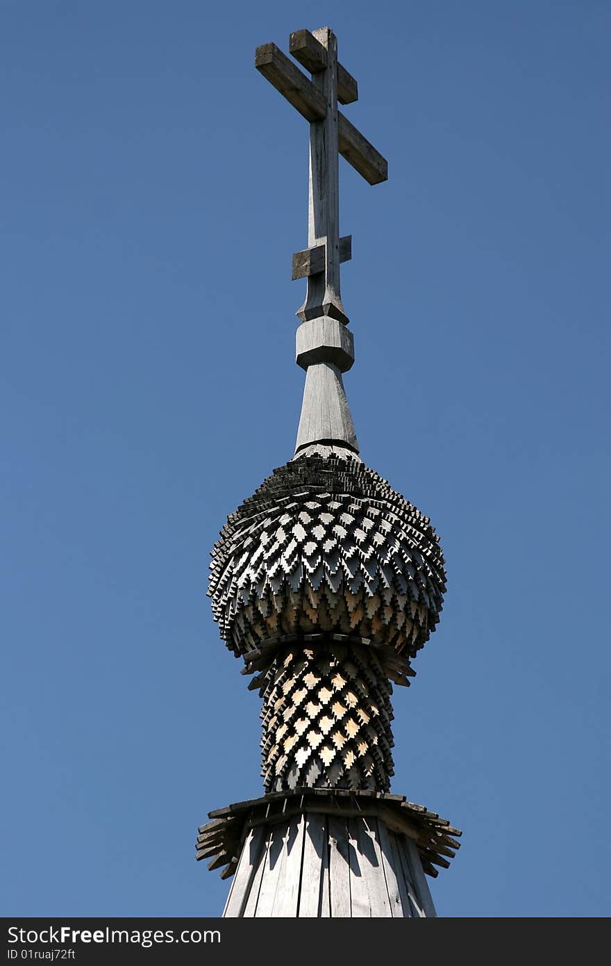 Roof of the wooden Russian church with cupola