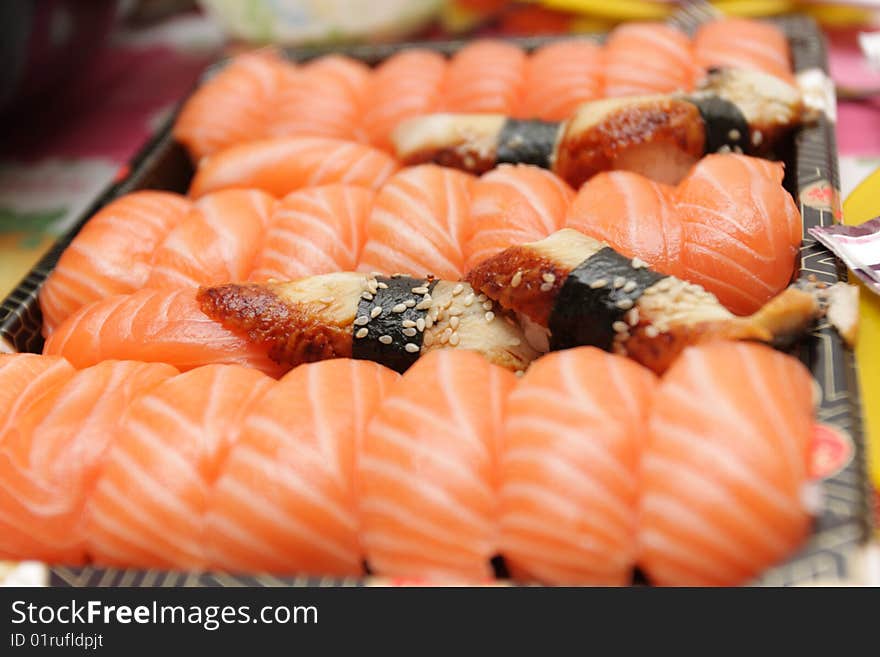 Set of sushi for sale in a market