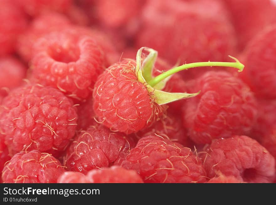 Raspberry. Fresh gathered berries, one with green stem