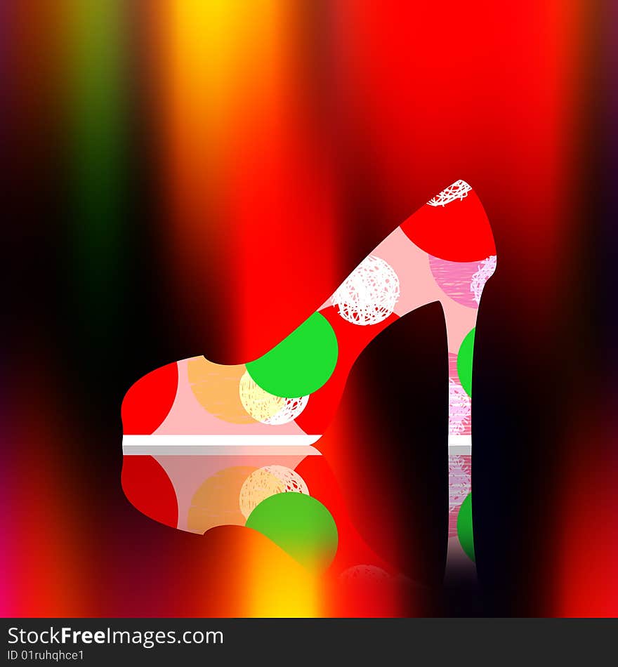 Printed shoe with path and reflection against blurred color background. Printed shoe with path and reflection against blurred color background