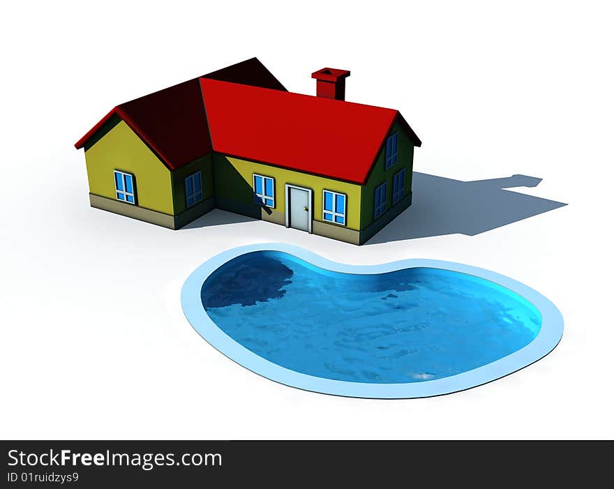 Isolated house with swimming pool - 3d render illustration on white