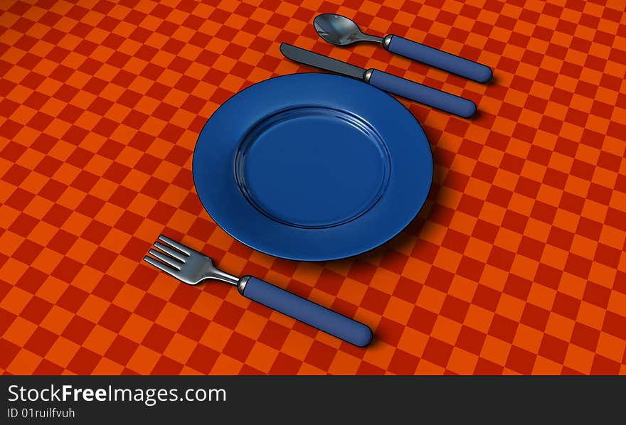 Knife, fork, spoon and plate with table coth - 3d render