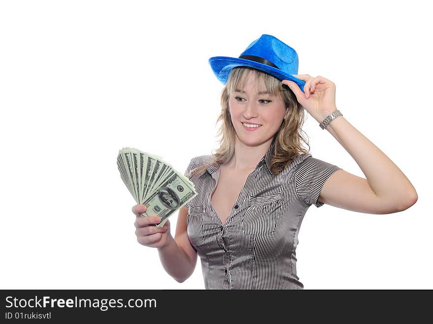 The girl holds a fan from dollars. Isolate on white. The girl holds a fan from dollars. Isolate on white