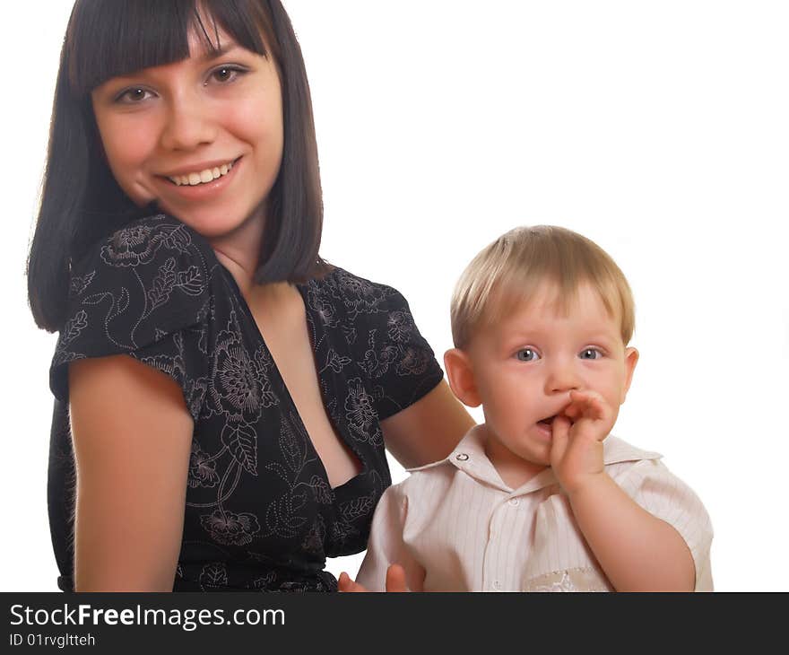 The little boy with mum on the white background. The little boy with mum on the white background