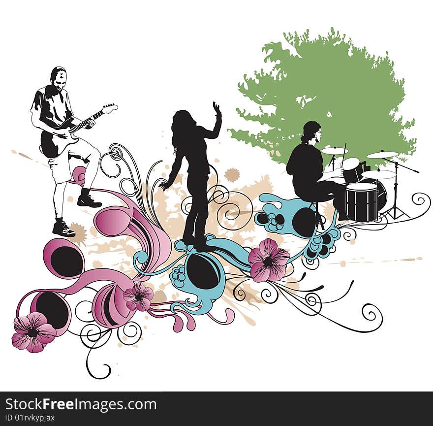 Illustration of a drummer and a guitarist. Illustration of a drummer and a guitarist