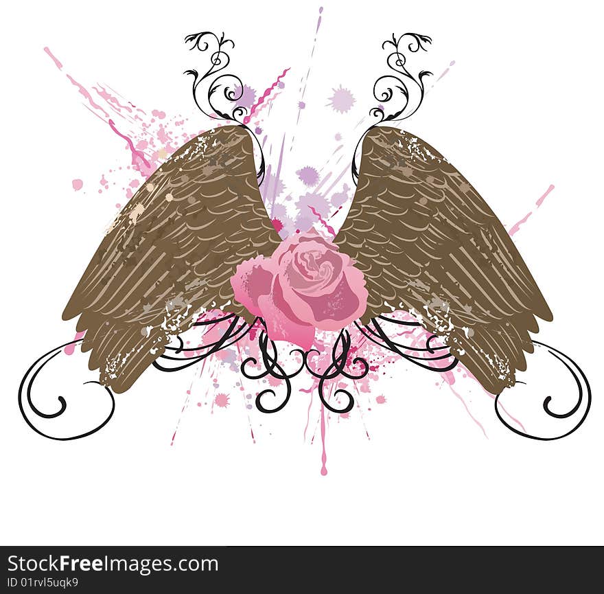 Illustration of wings and a rose. Illustration of wings and a rose