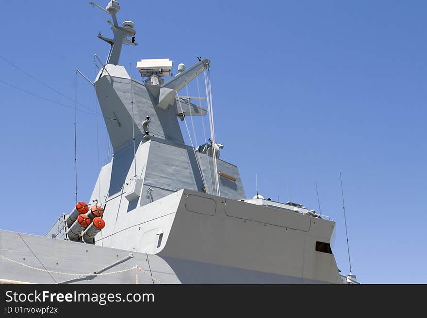 Superstructure and bridge of a navy warship, a frigate. Superstructure and bridge of a navy warship, a frigate