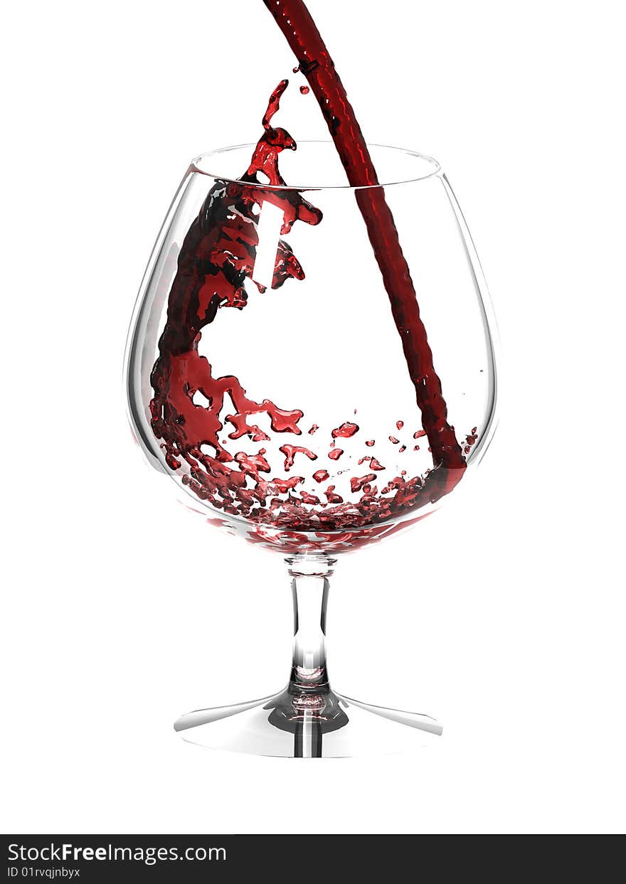 Red wine in glass over white