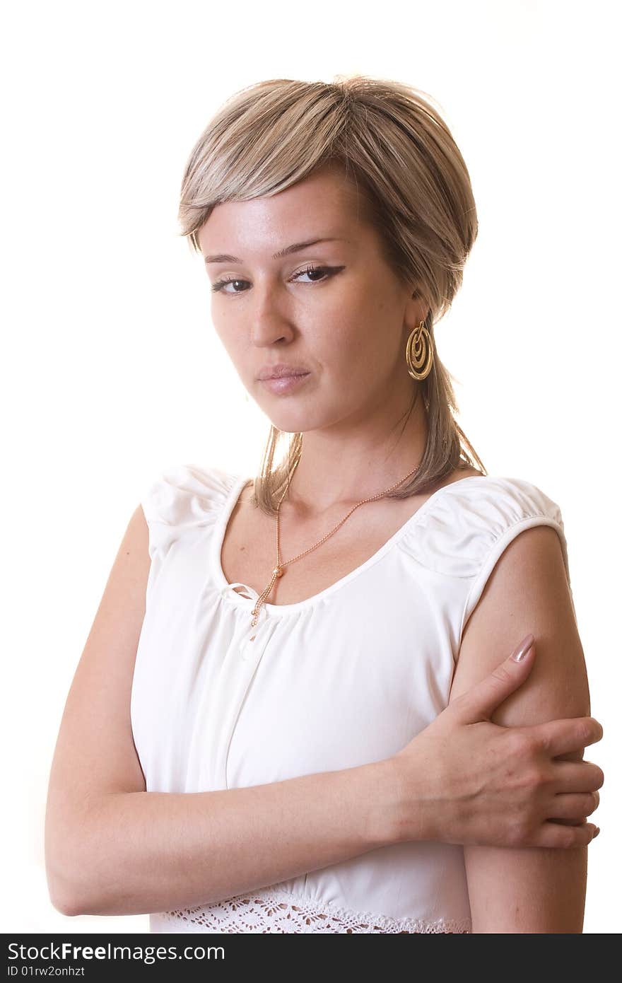 Woman on white, dark eyes. white dress. Woman on white, dark eyes. white dress