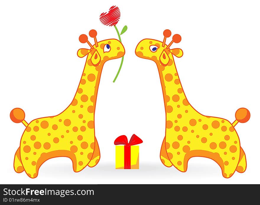 Two cartoon giraffe. One gives the other the heart of a flower and gift.