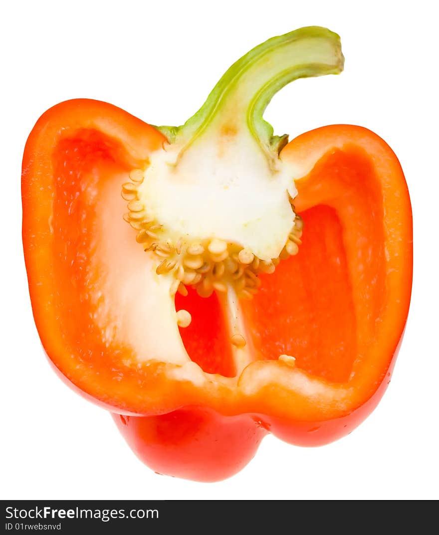 Close-up slice of red paprika isolated on white background