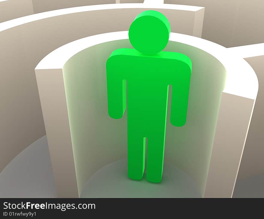 Three-dimensional graphic image. Labyrinth and man. 3d