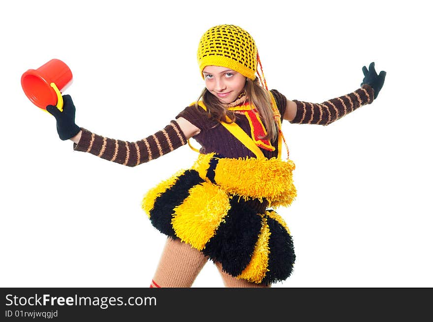 The dancing girl in a knitted suit