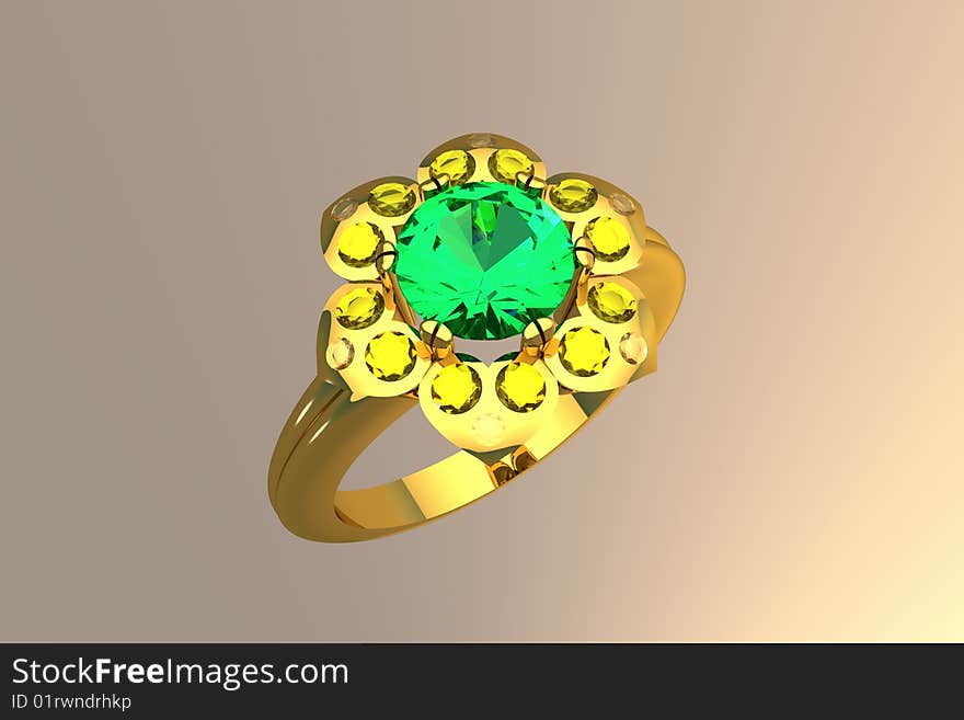 Flower Shape 1 Carat Emerald/Yellow Sapphire Gold Ring 3D. Flower Shape 1 Carat Emerald/Yellow Sapphire Gold Ring 3D