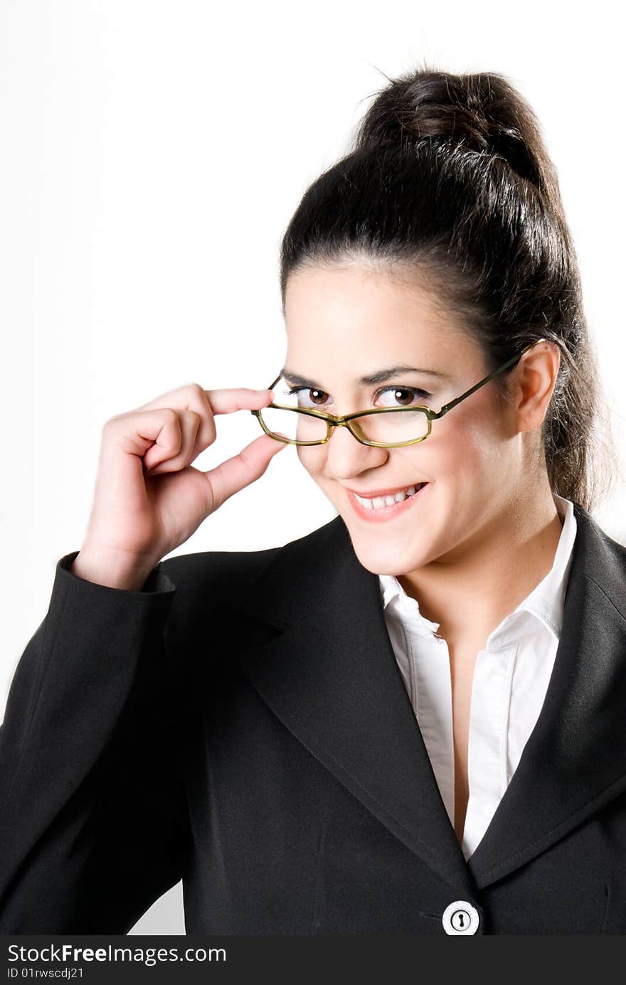 Young businesswoman with glasses smiling on white background. Young businesswoman with glasses smiling on white background