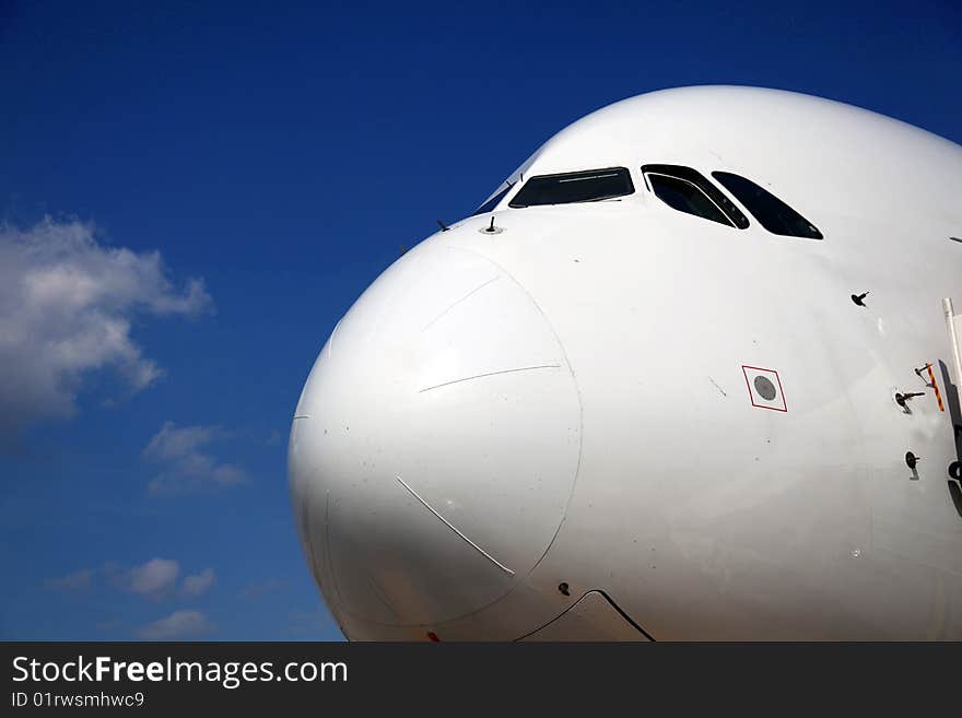 Nose of Airliner frontal side view. Nose of Airliner frontal side view