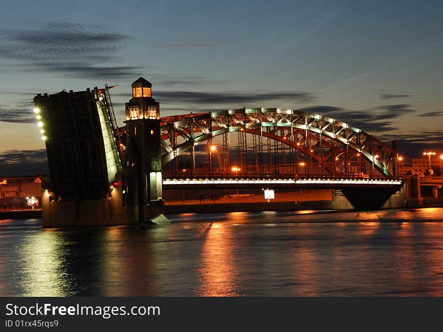 Bolsheokhtinskiy Bridge On Neva River, Saint-Petersburg, White Night.