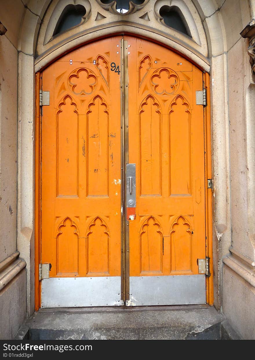 Some orange doors on Grace Church in manhattan