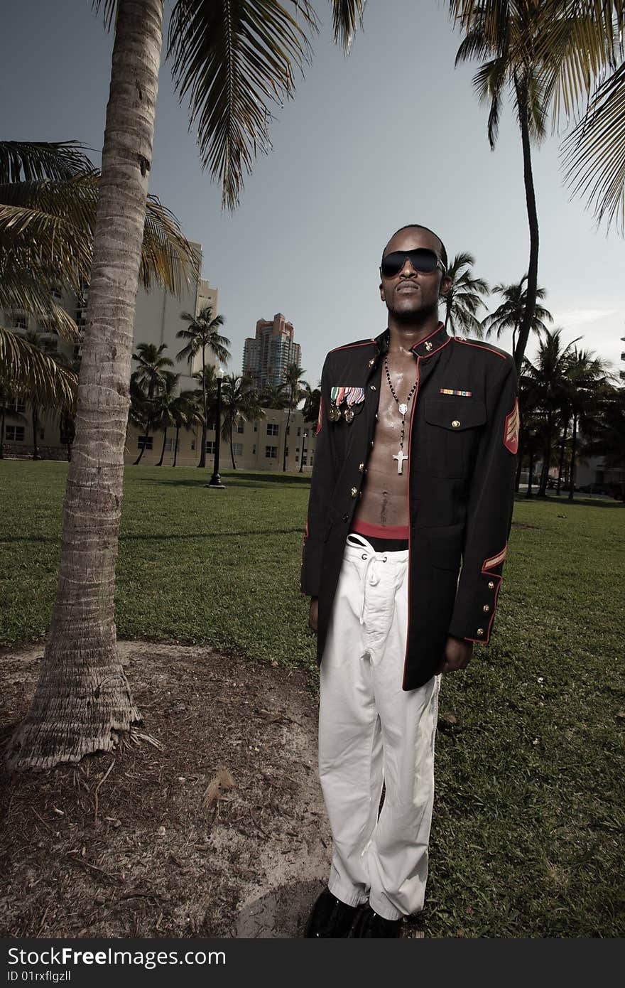 Man wearing military clothing outdoors. Man wearing military clothing outdoors