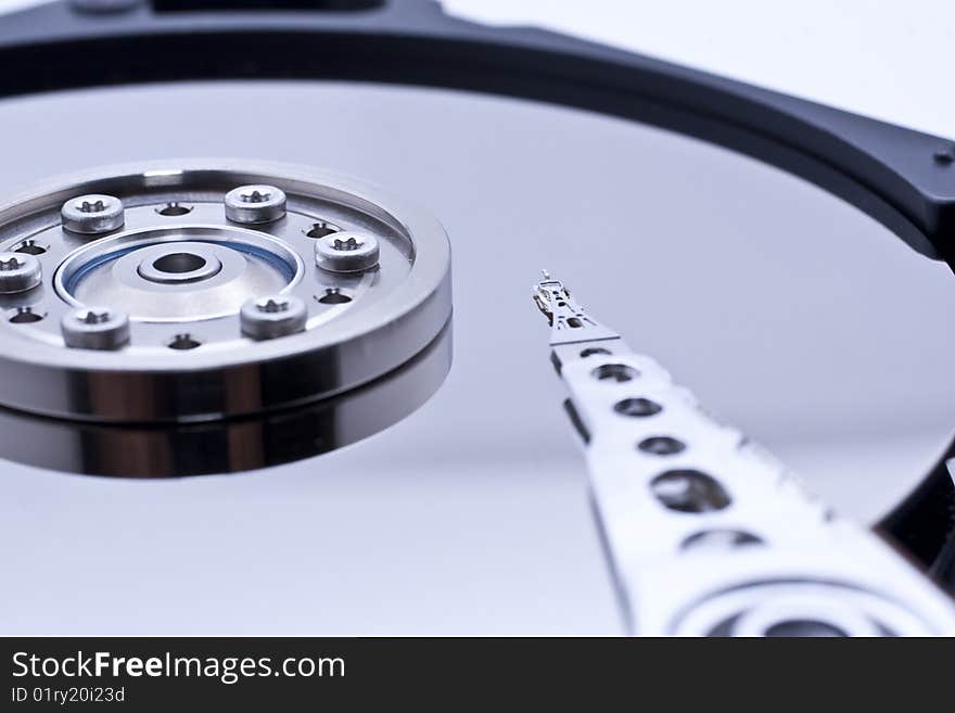 Closeup and macro view of hard drive inside. Closeup and macro view of hard drive inside