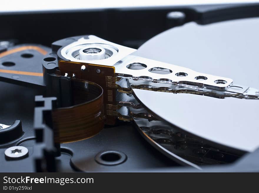 Closeup and macro view of hard drive inside. Closeup and macro view of hard drive inside