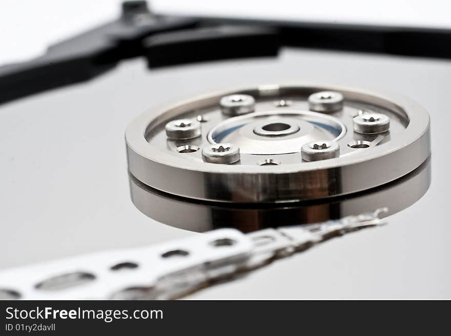 Closeup and macro view of hard drive inside. Closeup and macro view of hard drive inside