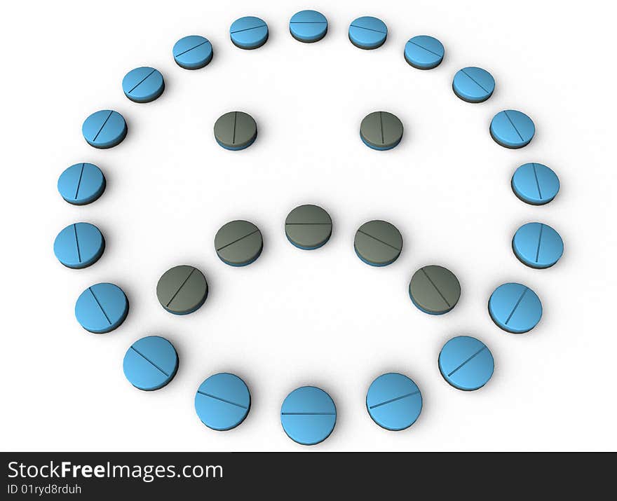 An image of a group of medicine tablets showing a sad face. An image of a group of medicine tablets showing a sad face