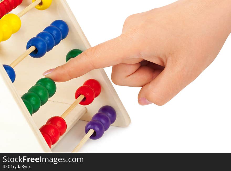 Hand and abacus isolated on white background