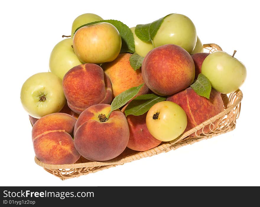 Fresh apples with peaches on white background