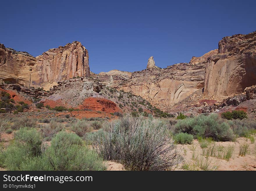 View of red rock formations in San Rafael Swell with blue sky�s