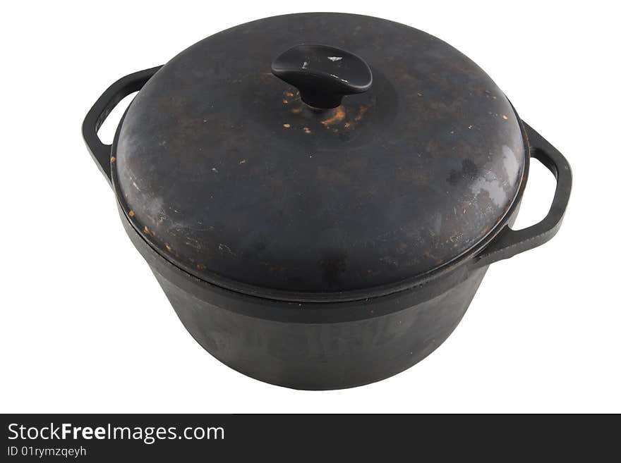 Cast-iron cauldron with cover isolated on white