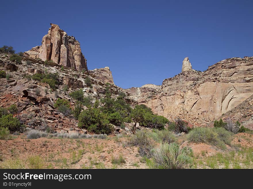 View of red rock formations in San Rafael Swell with blue sky�s