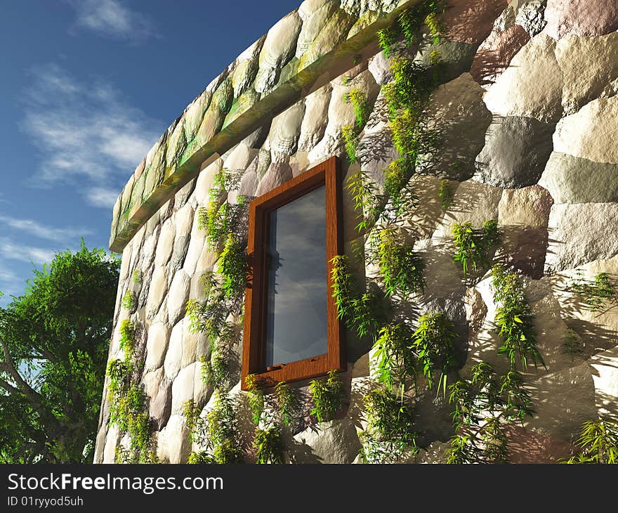 Scene window on stone wall