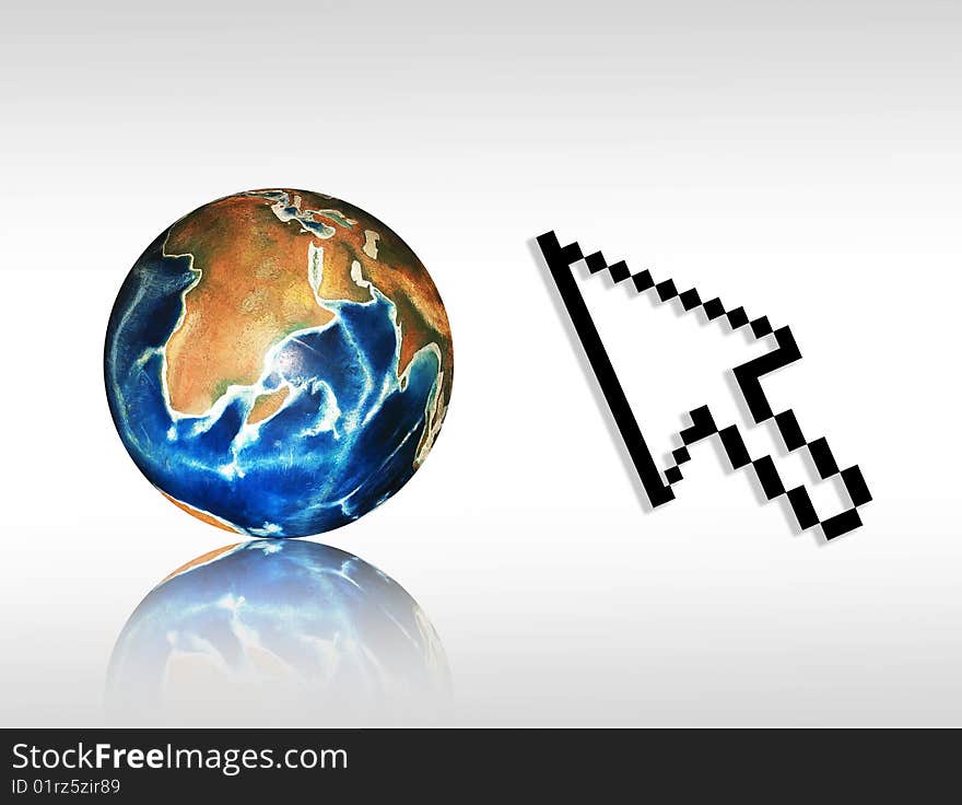 World with reflection and arrow over white background. World with reflection and arrow over white background