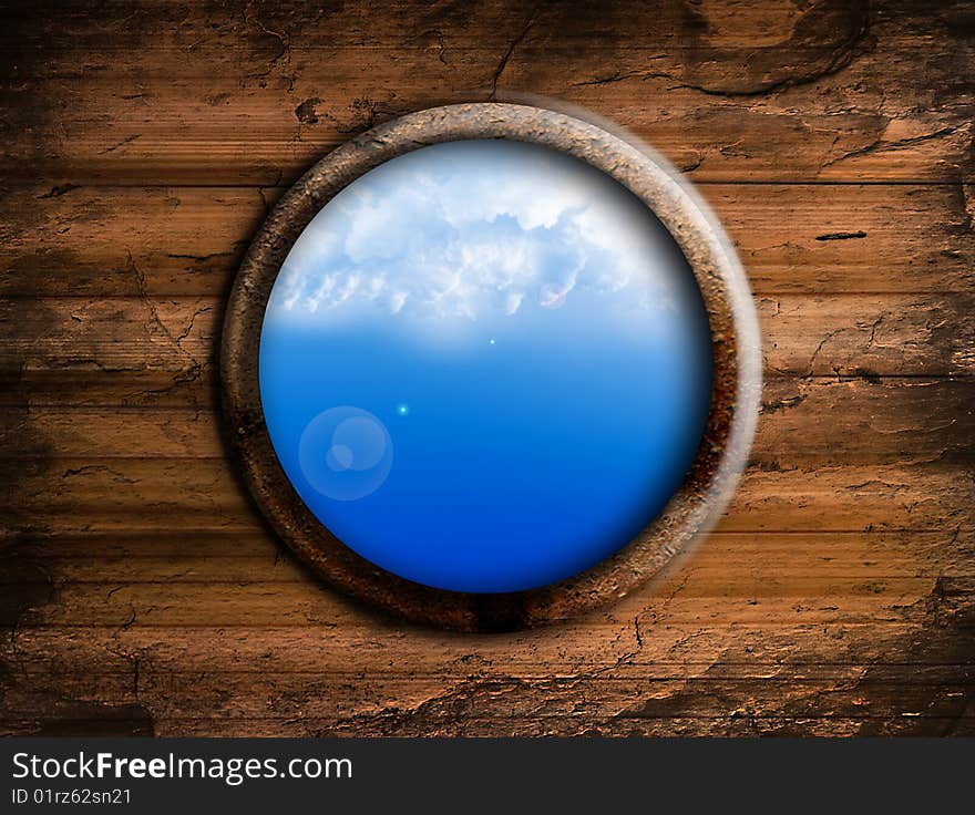 Round window sky, old wooden texture. Illustration. Round window sky, old wooden texture. Illustration