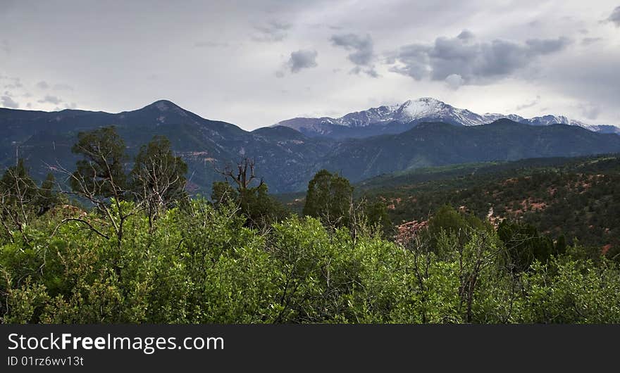 Shrubs and bushes in the foreground with Pike's Peak, a snow covered mountain, in the background. HDRI. Shrubs and bushes in the foreground with Pike's Peak, a snow covered mountain, in the background. HDRI.