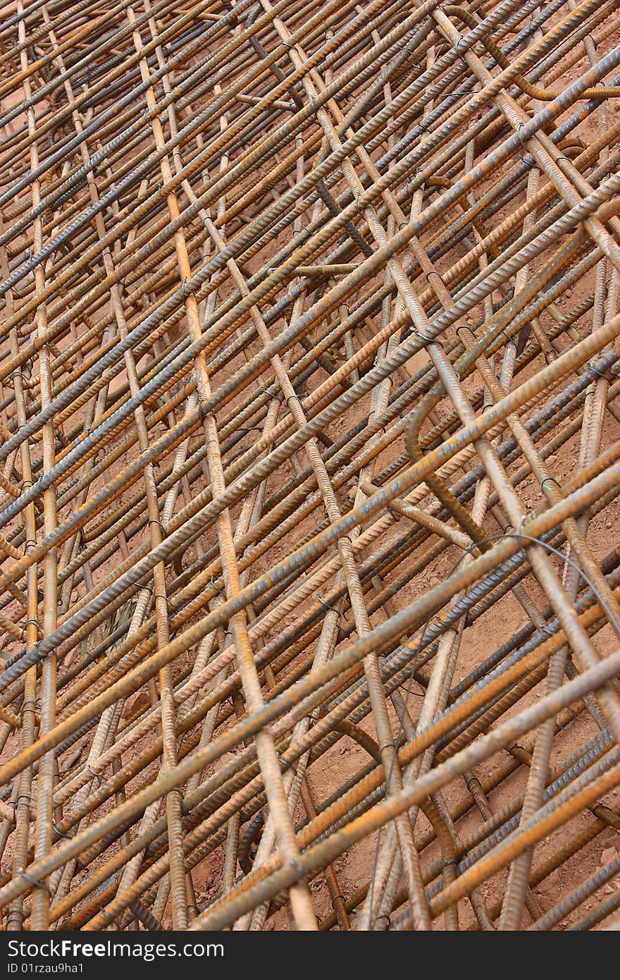 A steel reinforcing wire mesh on a construction site. A steel reinforcing wire mesh on a construction site