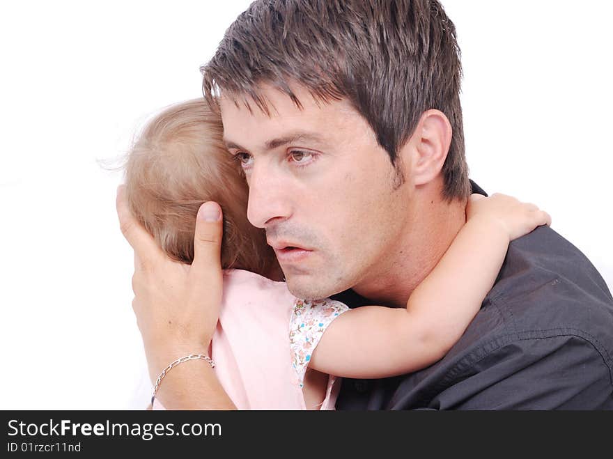 Happy father is huging his daughter isolated. Happy father is huging his daughter isolated