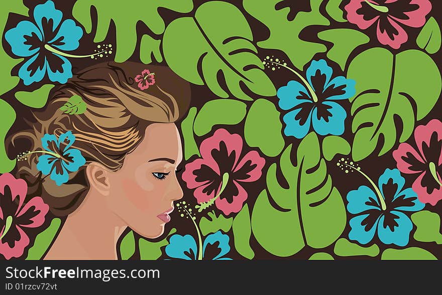 Background with girl, hibiscus and palm leaves