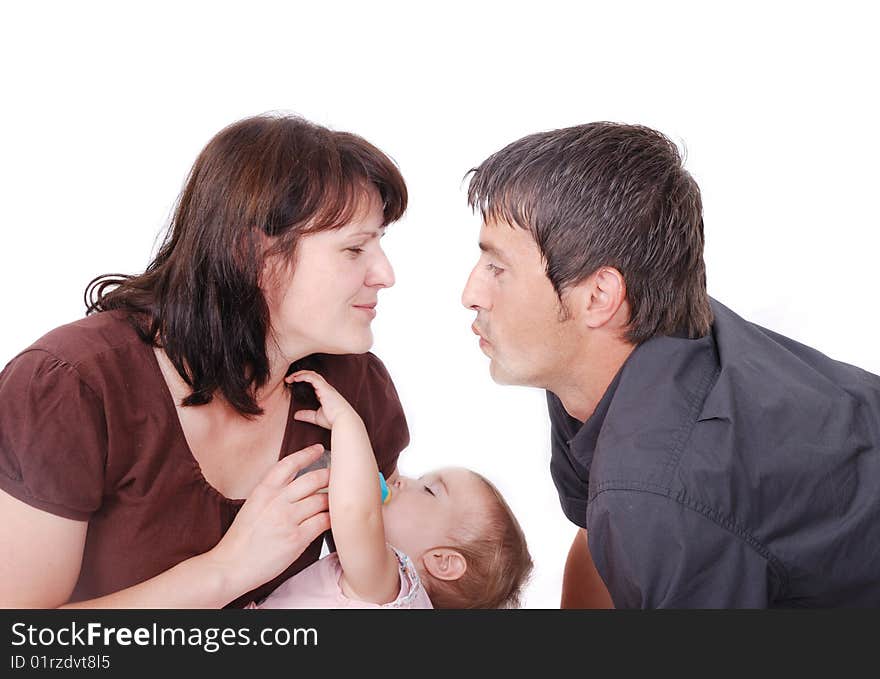 Three members of happy family isolated in white