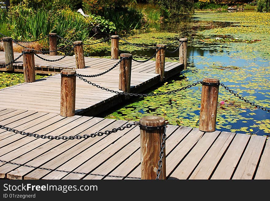 Dock on pond with lilypads