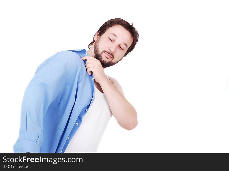 White man wearing blue shirt