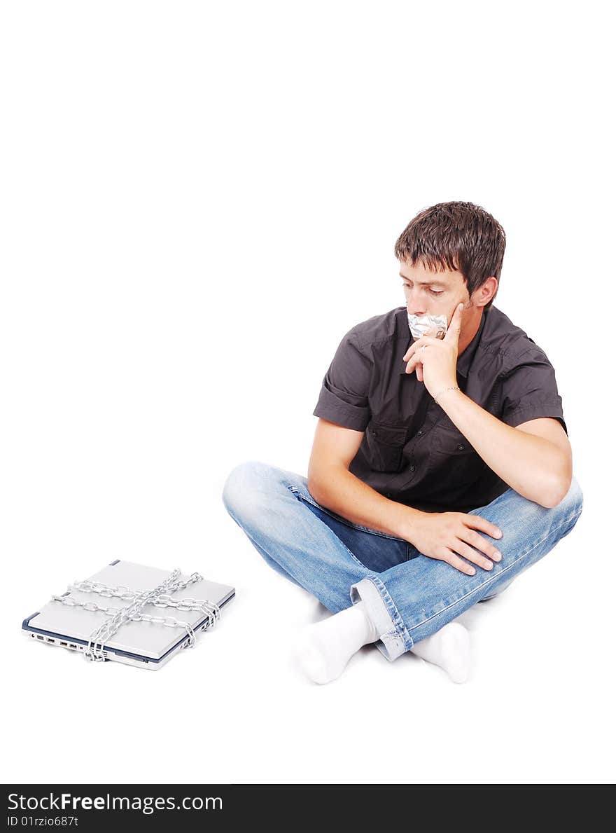 Man With Isolated Mouth And Chained Laptop