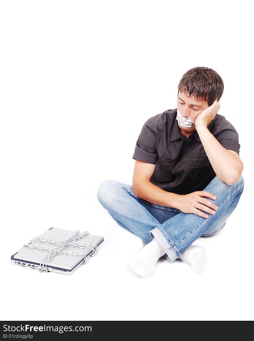 Man with isolated mouth and chained laptop