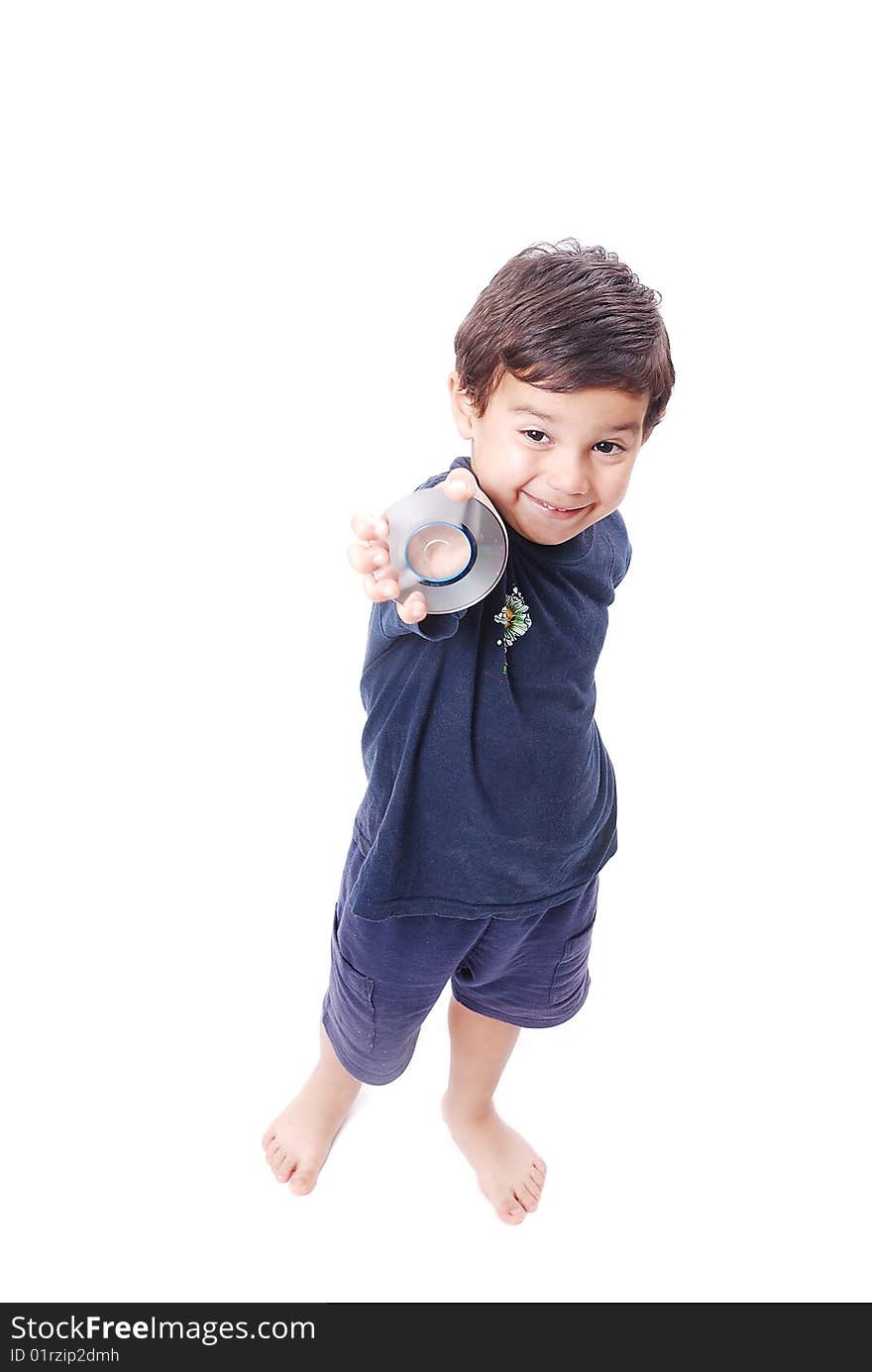 Smiling cute kid with dvd in his hand. Smiling cute kid with dvd in his hand