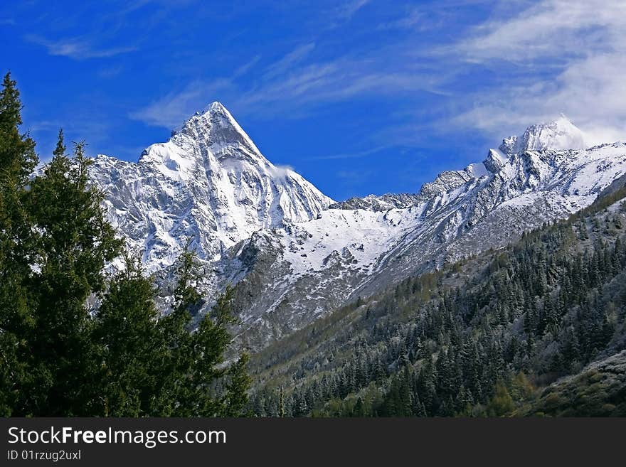 The highest peak of Siguniang Mountains which is consisted of four snow mountains located in Aba, Sichuan, China. The highest peak of Siguniang Mountains which is consisted of four snow mountains located in Aba, Sichuan, China