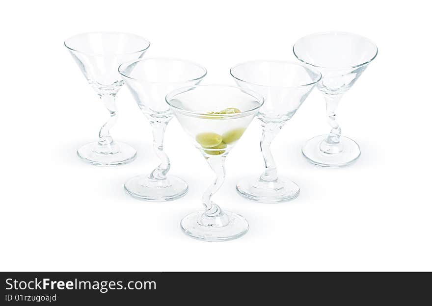 Five glasses of martini and olives