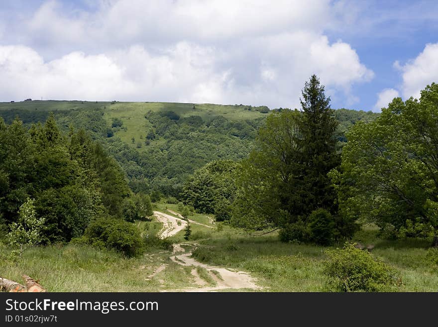 Hiking road to the top in National Park of Bieszczady Mountains in Poland