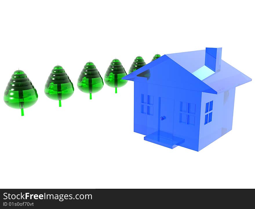 A 3D render of a little glass house with trees. A 3D render of a little glass house with trees.