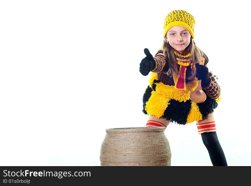 The little girl shows a finger upwards. The little girl shows a finger upwards